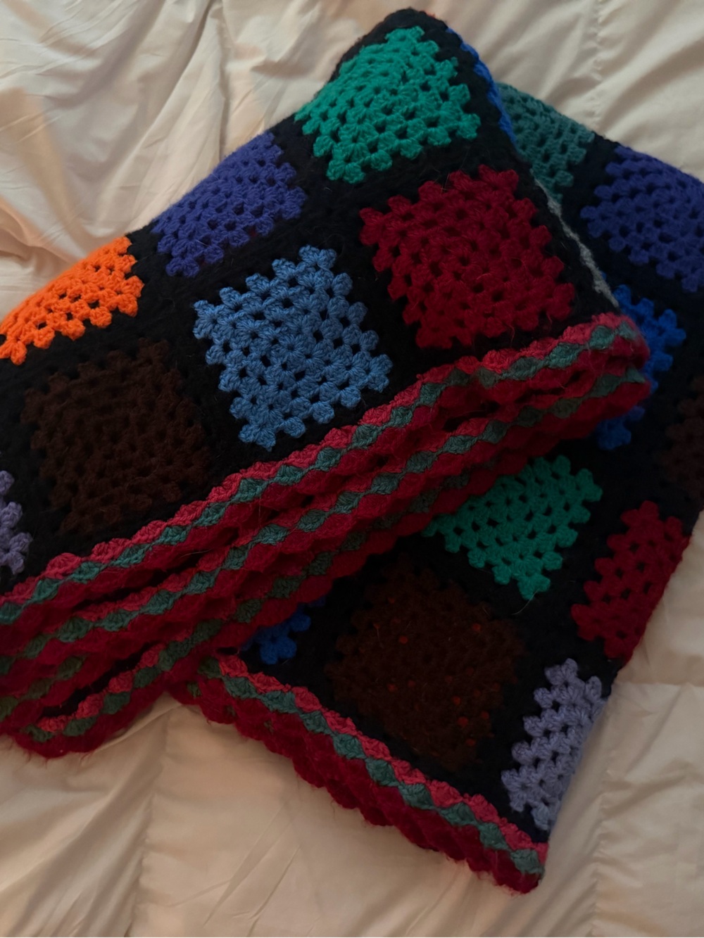 🌙 Vintage 90s Whimsigoth Handmade Multicolor Crochet Granny Square Blanket Queen
